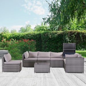 8-Piece Modern Rattan Wicker Garden Outdoor Sectional Set with Gray Cushions and Glass Table for Patio, Garden, Deck