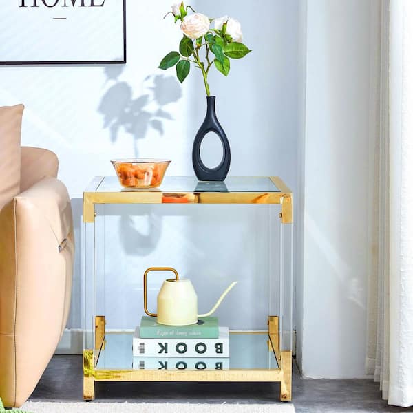 21.65" Clear Square Tempered Glass Coffee Table with Stainless Steel Legs, 2-Tier Center Table for Living Room