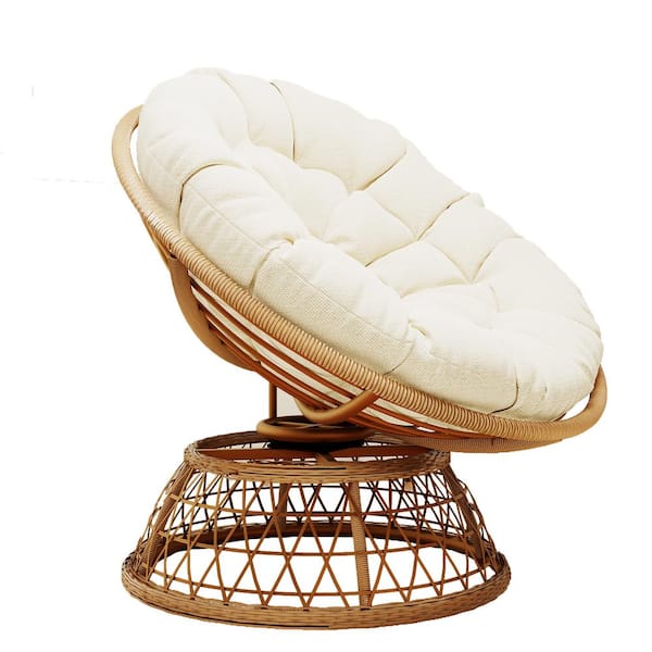 Wicker Outdoor Rocking Chair with Light Grey Cushions Large Saucer, 360° Swivel Base, Papasan Lounge, 250 lbs.