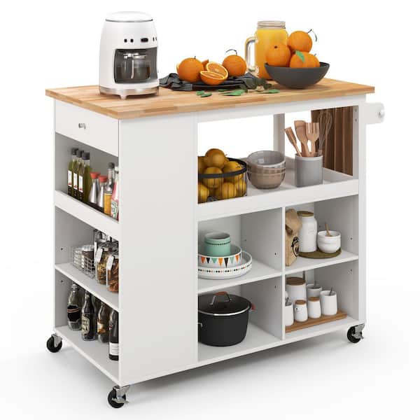 Unbranded Rolling White Wood Top 43 in. W Kitchen Island Cart on Wheels with Storage Open Shelves and Drawer