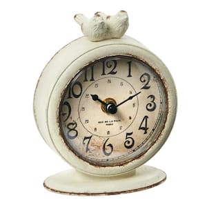 Distressed Cream Vintage Pewter Mantel Clock with Birds