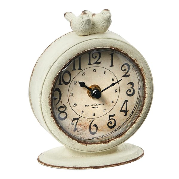 Storied Home Distressed Cream Vintage Pewter Mantel Clock with Birds