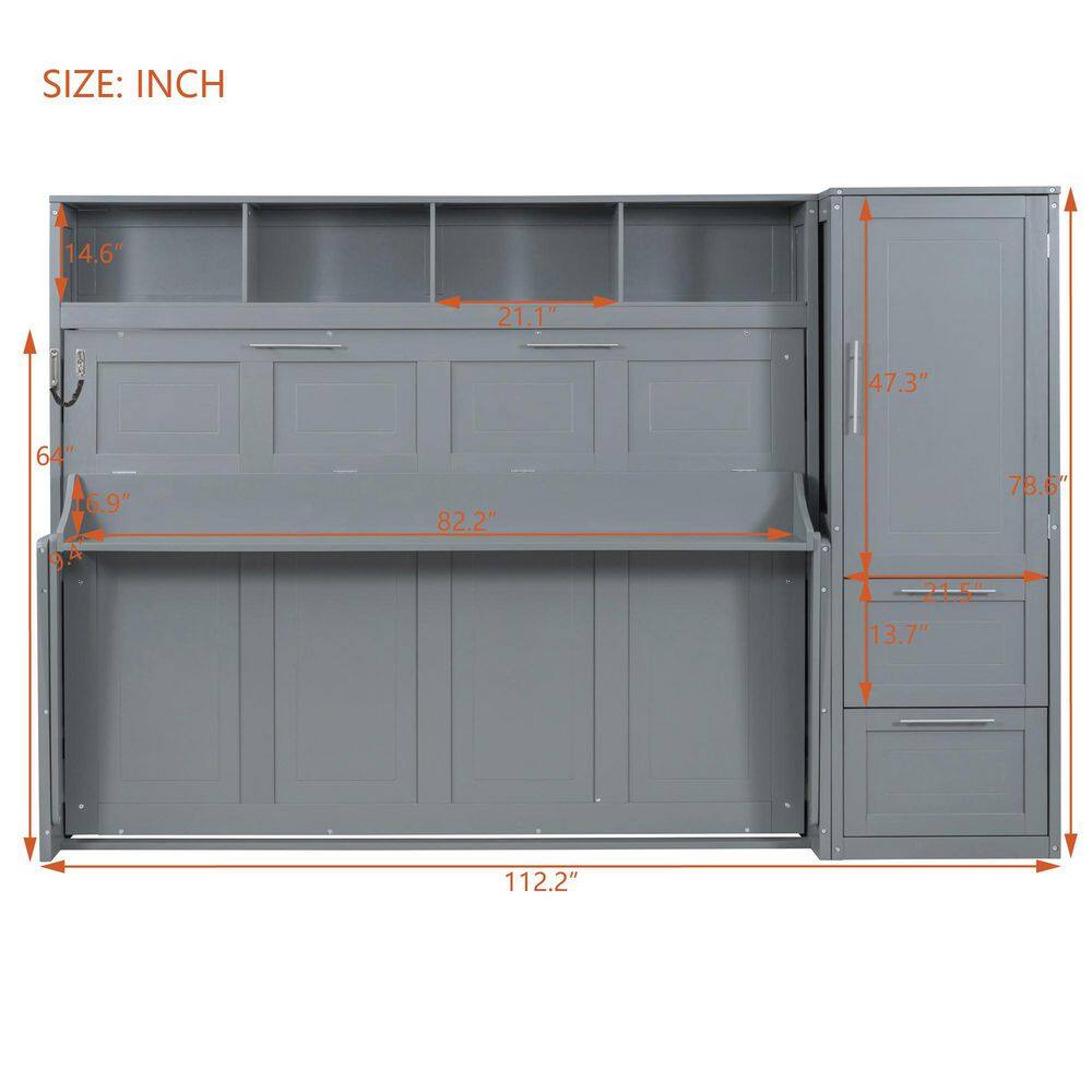 White Multifunctional Wood Frame Full Size Murphy Bed with Closet and Drawers - thumbnail 7