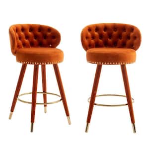 24.21. Modern Orange Velvet Wood Frame Swivel Counter Height Bar Stools with Tufted Backrest and Copper Nails Set of 2