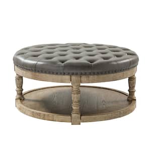 Chloe Grey 35.5 in. Wide Vegan Leather Tufted Transitional Square Coffee Table Ottoman with Solid Wood Legs