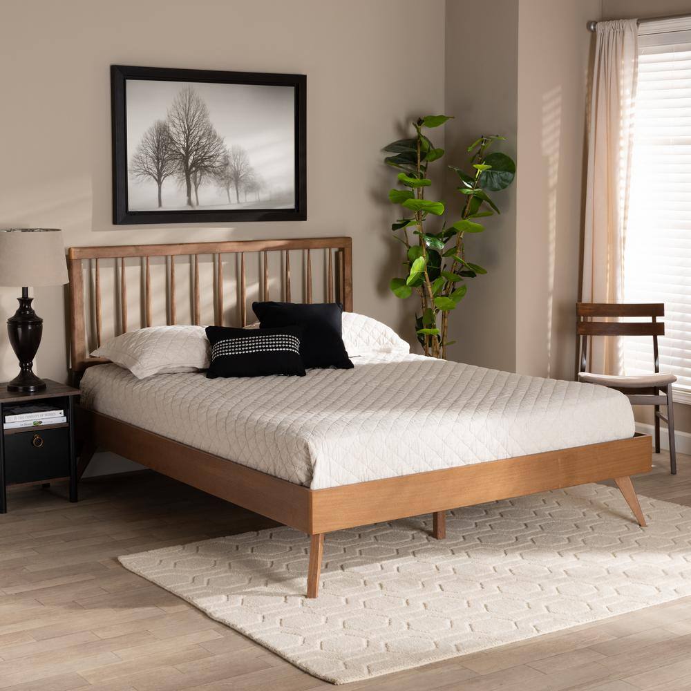 Ash Walnut Full Size Platform Bed with Spindle Headboard