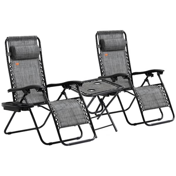Outsunny Zero Gravity Grey Metal Chaise Lounger Chair Set, Folding Reclining Lawn Chair (3-Piece)