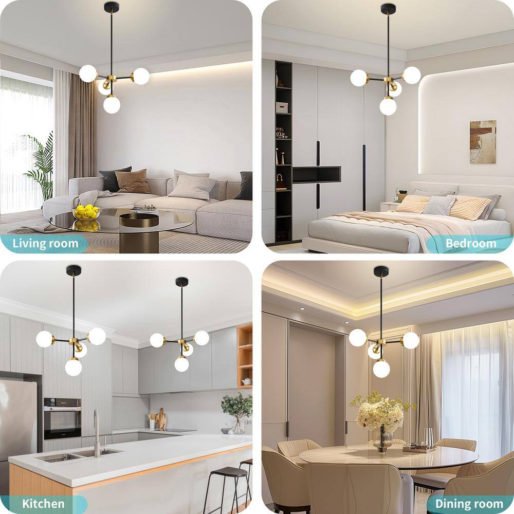 Black and Gold 4-Light Sputnik Chandelier with Milk Glass Shades