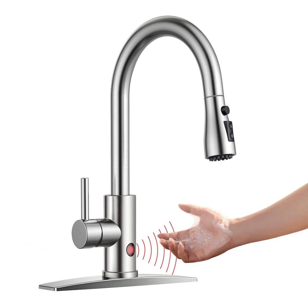  Touchless Single Handle Pull-Down Sprayer Kitchen Faucet with Deckplate and Flexible hose in Brushed Nickel