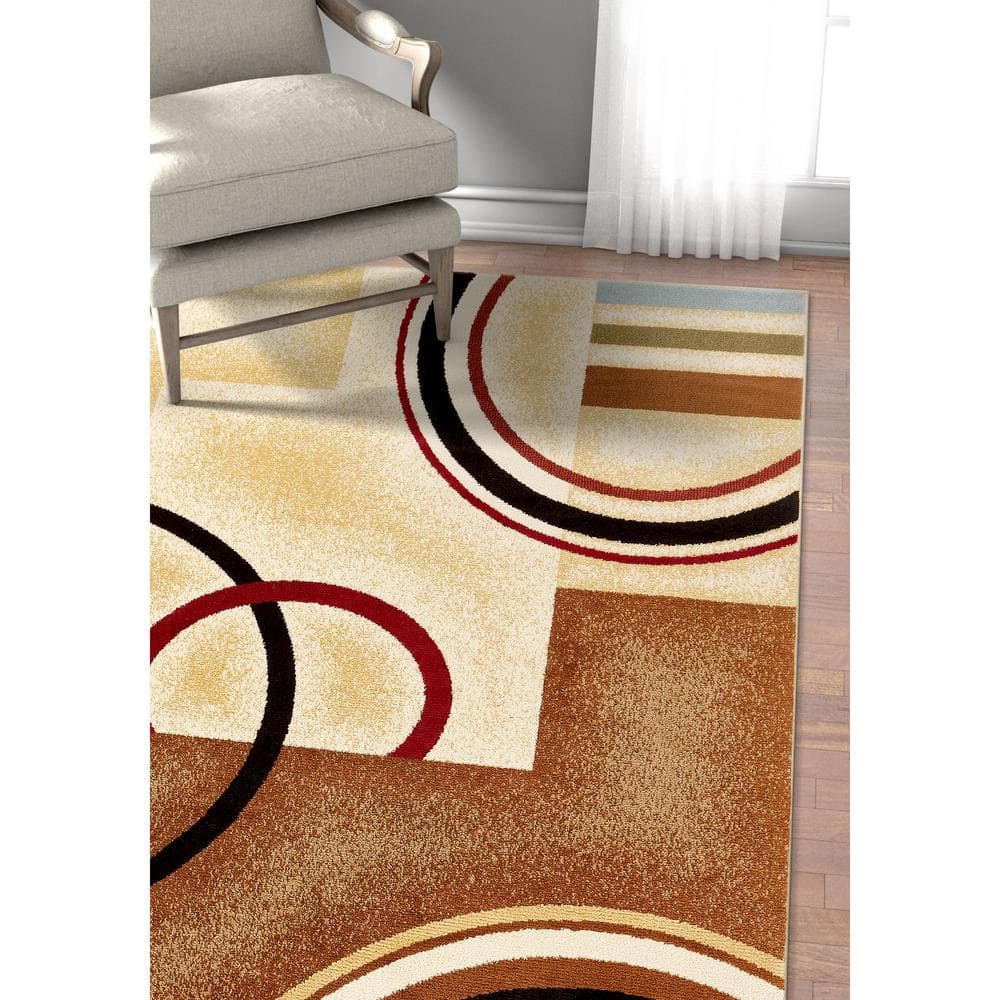 Ivory and Multicolor Geometric Pattern Synthetic Area Rug