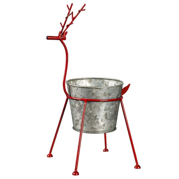 17 in. Holiday Reindeer Metal Frame with Galvanized Pot Planter, Red