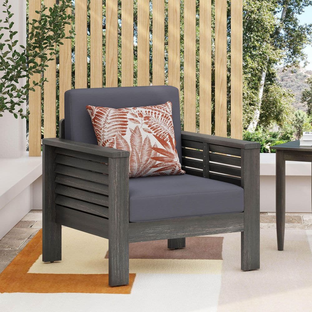 1 Acacia Wood Outdoor Club Chair with Dark Gray Cushion for Pool, Balcony, 