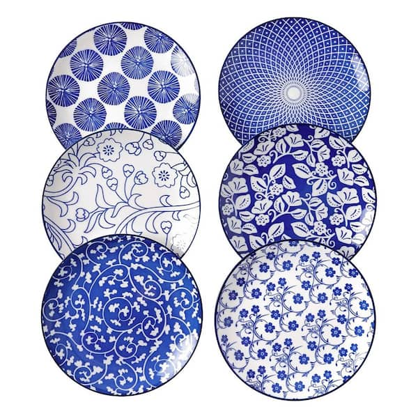 6 Pack Vintage Blue Ceramic Dessert Plates Round Porcelain Appetizer Plates Microwave Dishwasher Safe with Pattern