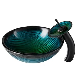 Natura 17 in. Round Vessel Bathroom Sink in Green Glass with Waterfall Faucet in Oil Rubbed Bronze