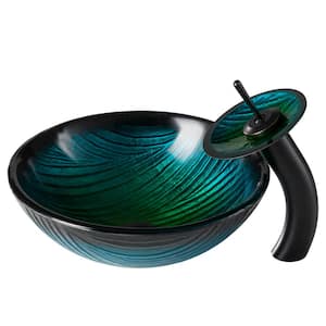 Nei Glass Vessel Sink in Green with Waterfall Faucet in Oil Rubbed Bronze