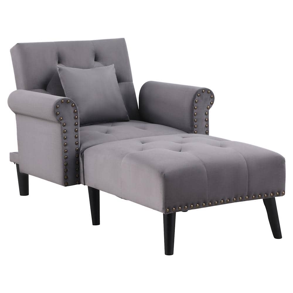60 x 15 Outdoor 2-In-1 Chaise Lounge Gray Cushion, Velvet Fabric Upholstere