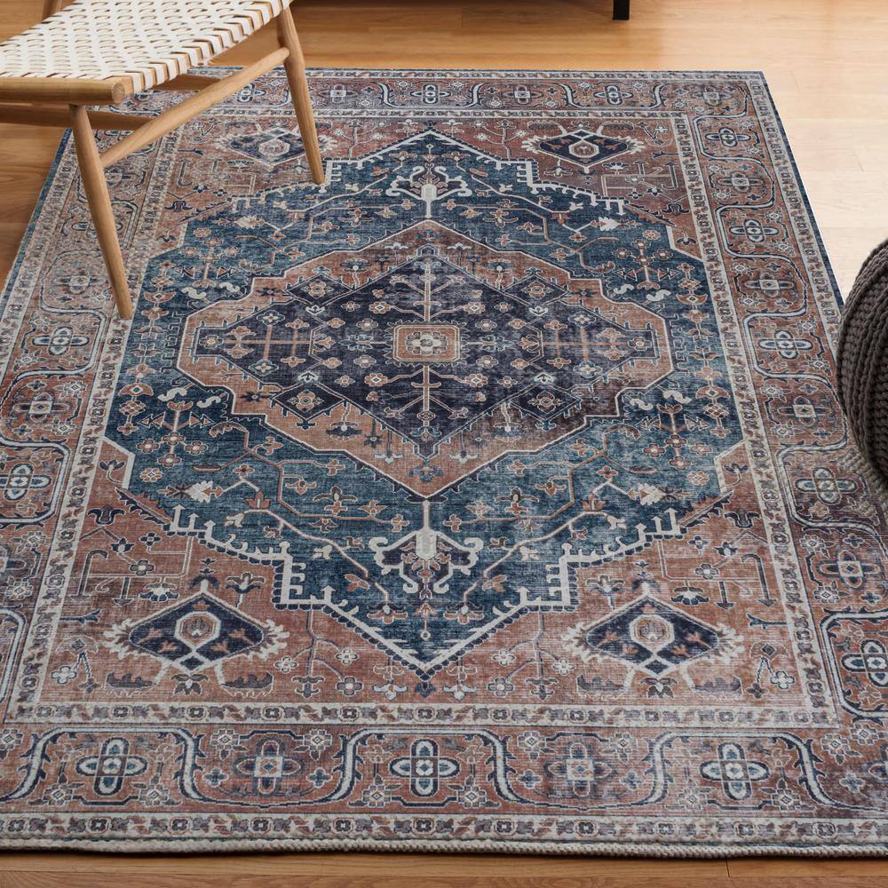 Navy and Brown Medallion Washable Chenille Area Rug 8' x 10'