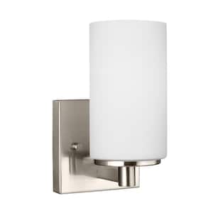 Hettinger 4 in. 1-Light Brushed Nickel Transitional Contemporary Wall Sconce Bathroom Vanity Light with White Glass