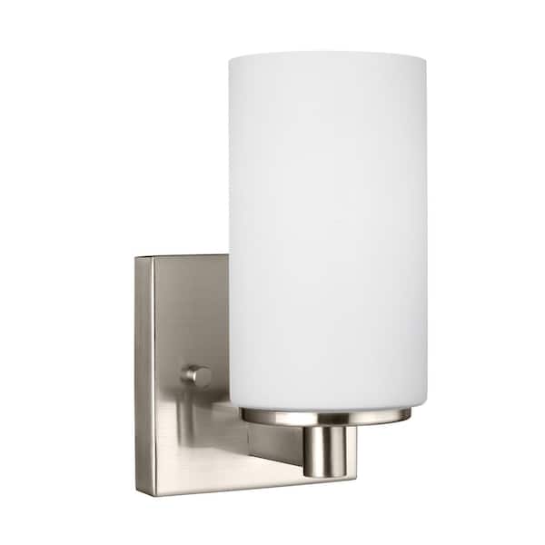 Generation Lighting Hettinger 4 in. 1-Light Brushed Nickel Transitional Contemporary Wall Sconce Bathroom Vanity Light with White Glass