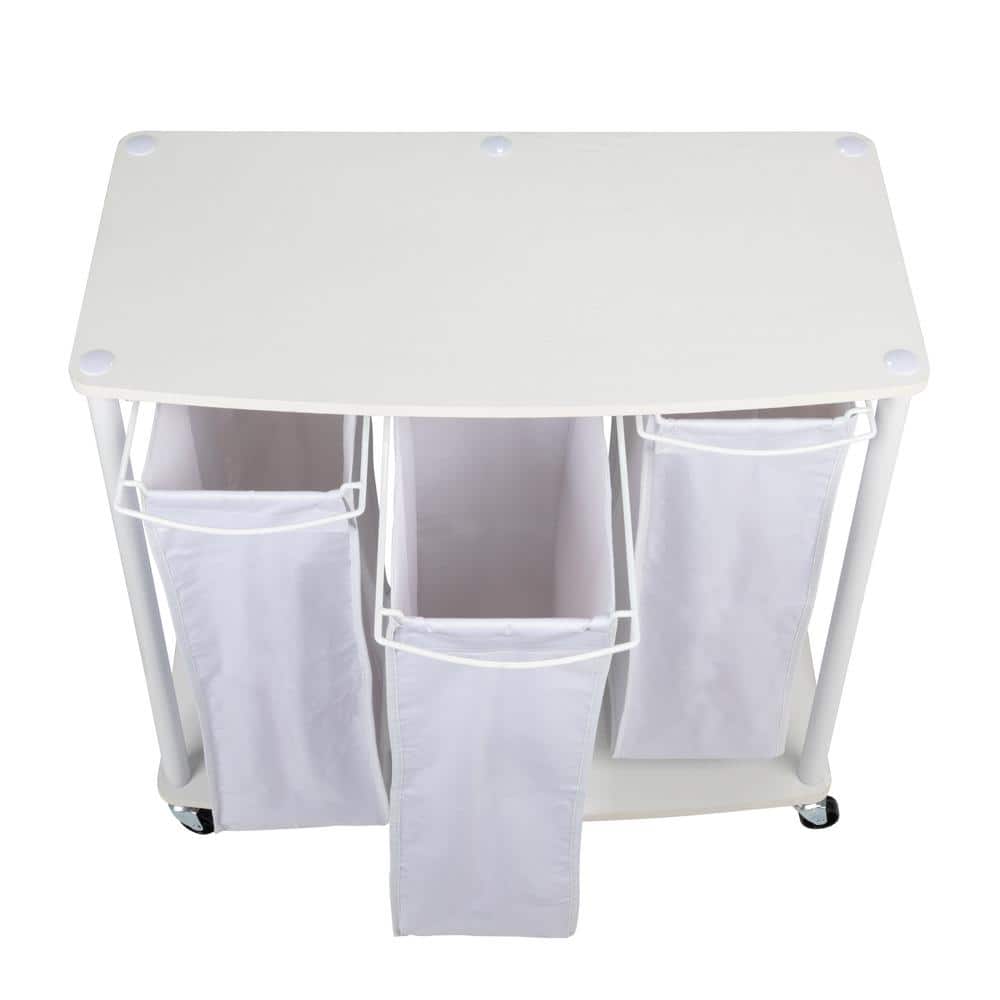 White Steel Frame Collapsible 3-Bag Laundry Sorter with Wheels
