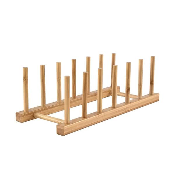 Natural Bamboo Vertical Plate Lid Organizer Drawer Organizer with 6 Slots for Kitchen Cabinet Countertop Stand