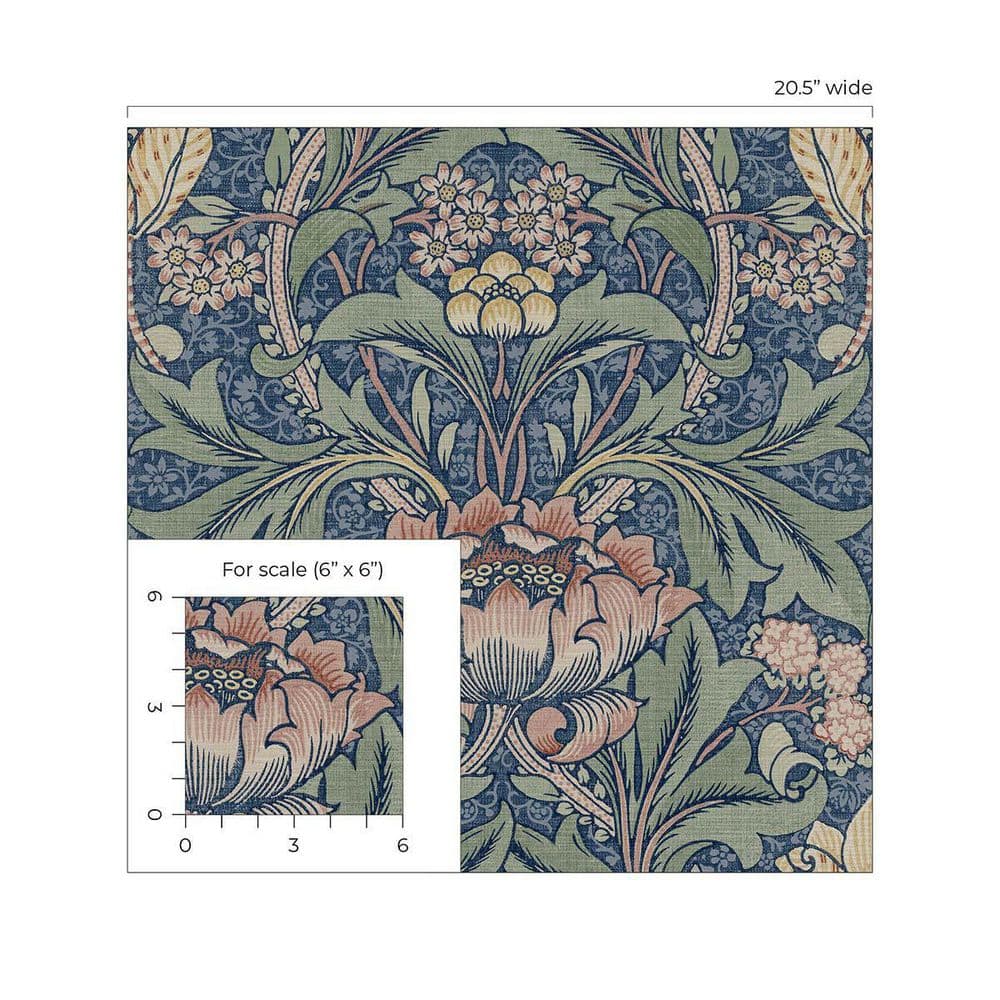 Denim Blue and Salmon Floral Vinyl-Coated Wallpaper