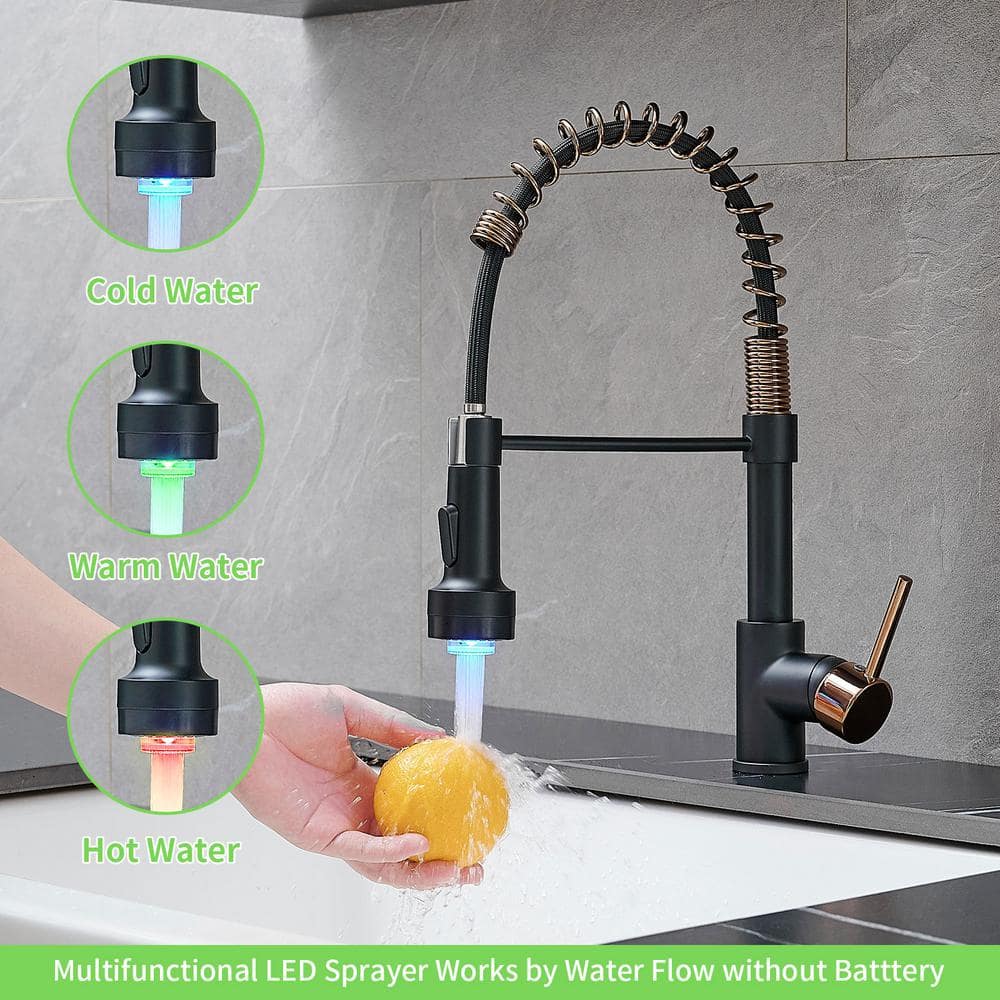 Matte Black and Rose Gold Pull Down Kitchen Faucet with LED Light