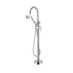Waterfall Style 2-Handle Freestanding Floor Mount Tub Faucet with Hand Shower in Polished Chrome