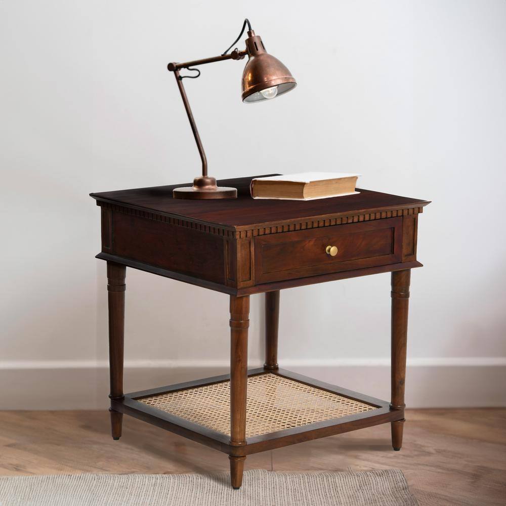 Dark Chestnut Solid Wood End Table with Cane Shelf and Drawer