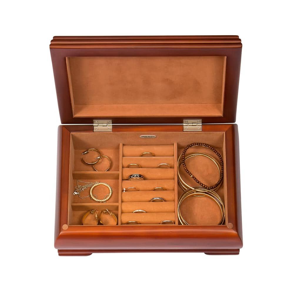 Walnut Lacquered Wooden Jewelry Box with Suede Interior