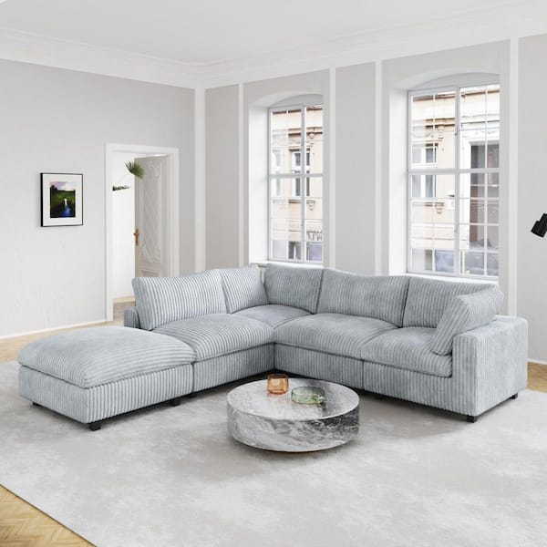 Magic Home Oversized 157 in. Square Arm Plush Velvet L-Shaped Modular Sofa Lawson Cloud Couch with Ottoman, Washable Covers in Gray