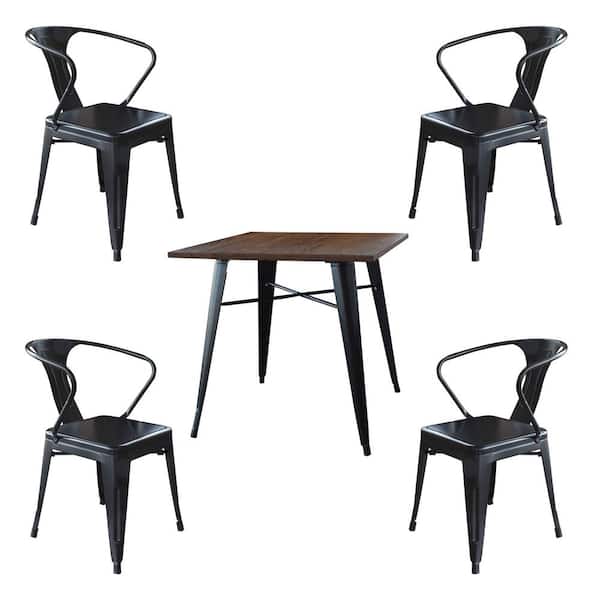 AmeriHome Metal and Wood 5-Piece Dark Elm Wood and Black Metal Dining Chair Table Set