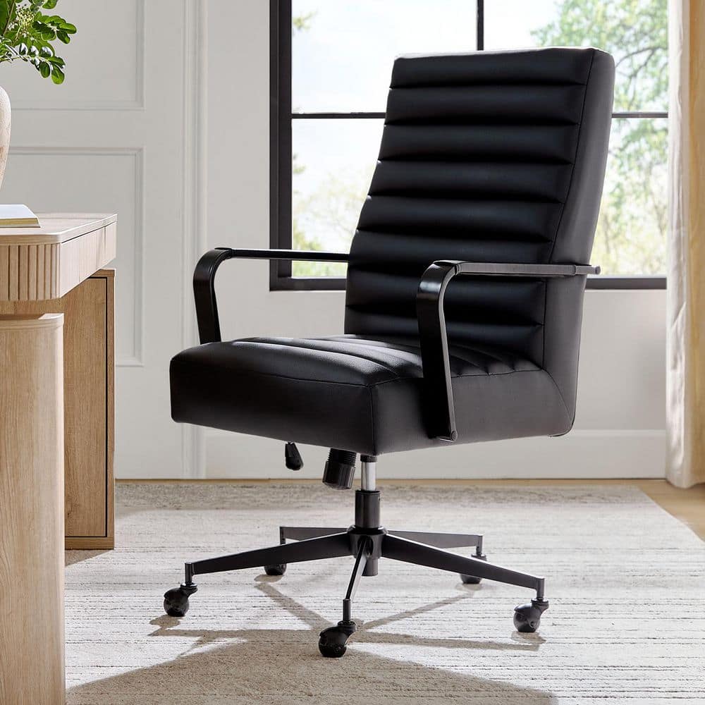 Maureen Mid-Century Modern Faux Leather Swivel Office Chair in Black