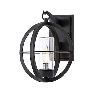 1-Light Matte Black Globe Outdoor Wall Lantern Sconce with Clear Glass Shade