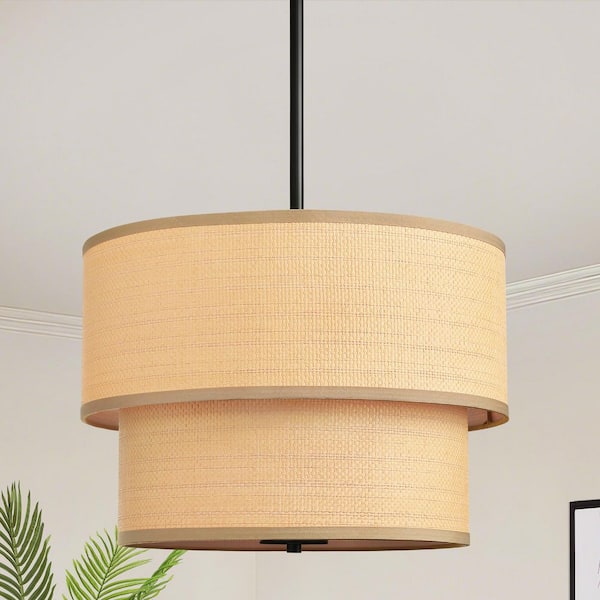 18 in. 5-Light 40W Height Adjustable Matte Black Natural Woven Grass Boho Ceiling Traditional Cylindrical Pendant Light
