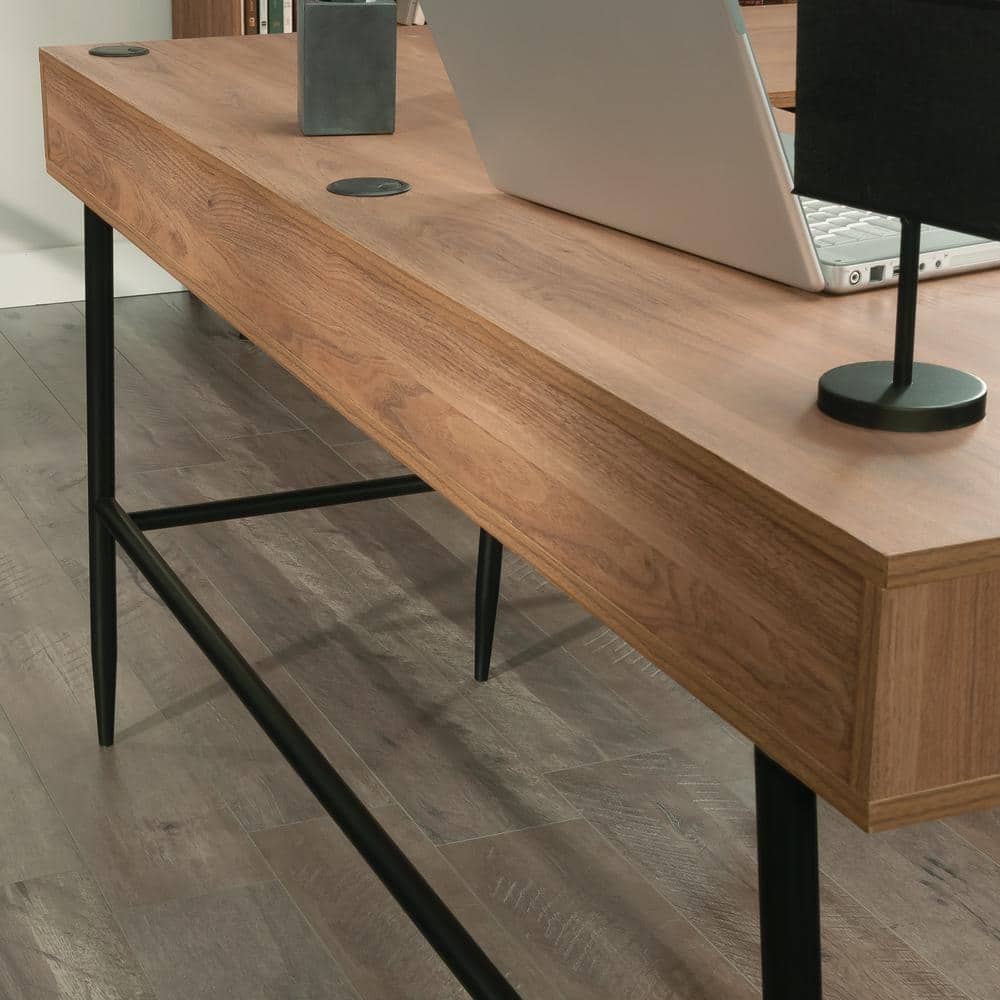 Serene Walnut L-Shaped Corner Desk with Black Drawers and Filing Cabinet
