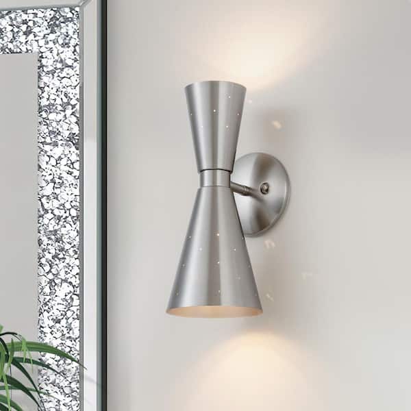 NIMBUS 2-Light 5.51 in. W Nickel Cone Wall Sconce Up and Down Lighting with Barn Hourglass Metal Shades for Bedroom