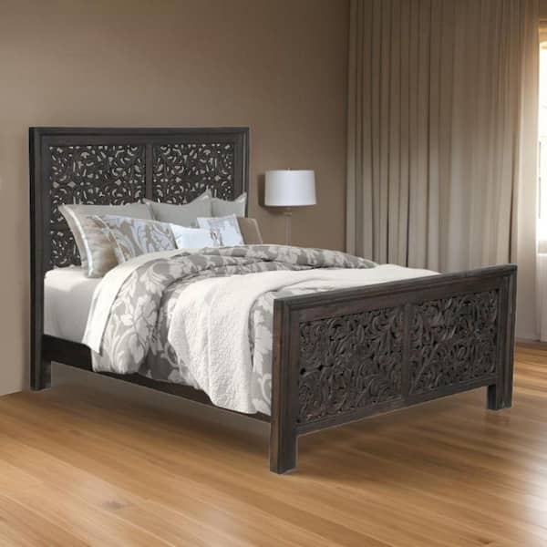 Gray Wood Frame Queen Panel Bed with Upholstered;Tufted