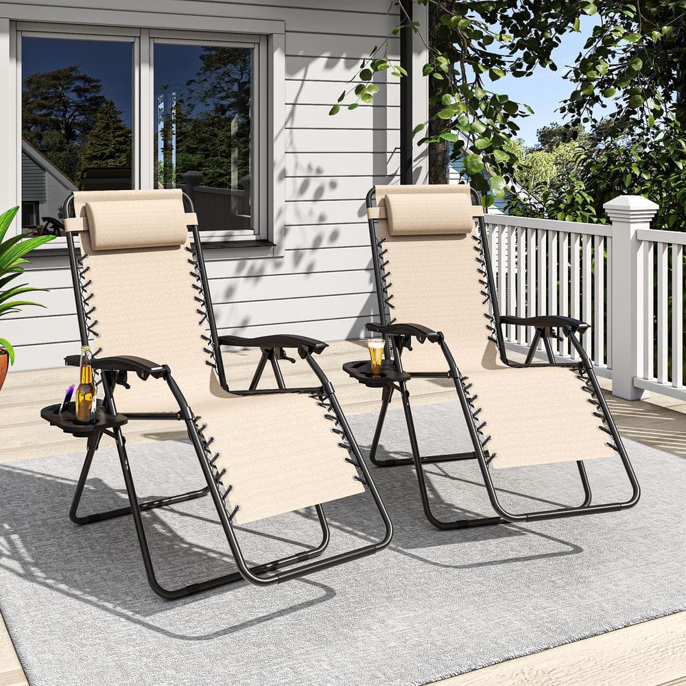 Khaki 2-Piece Foldable Adjustable Metal Outdoor Recliner with Side Tray and Teslin Fabric price history on PriceWatchPro
