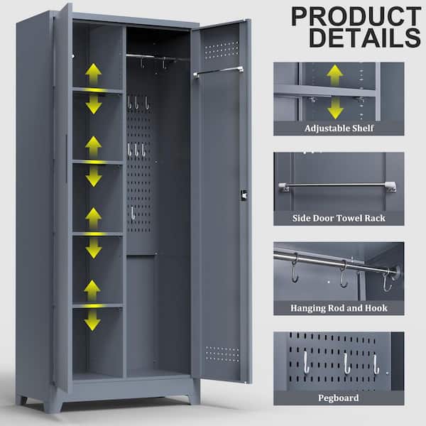 Tahanbath 72.8 In Gray Metal Locker,Lockable Cleaning Tool Cabinet