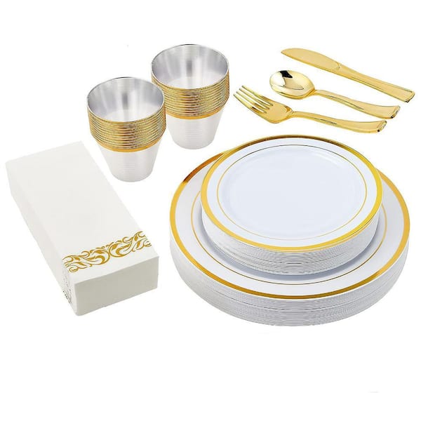 175 Piece Gold Plastic Rim Disposable Dinnerware Set for 25 Guests