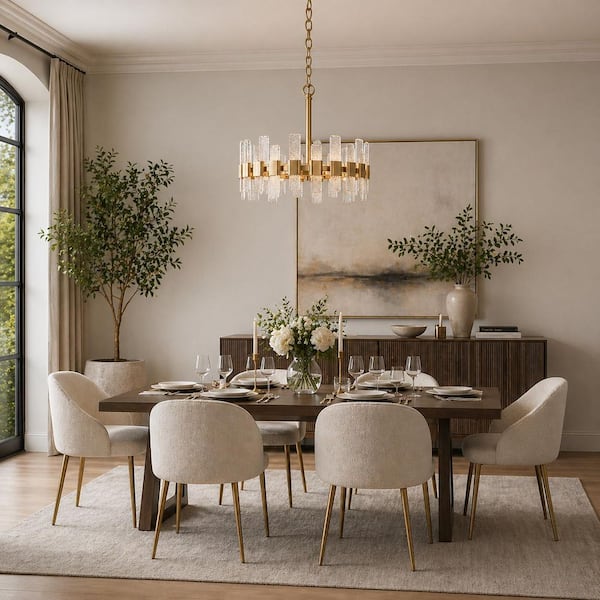 Mid-Century Modern Gold Kitchen Island Chandelier, 6-Light Glam Dining Room Ceiling Light with Icing Glass Strips
