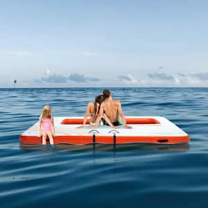 Inflatable Floating Dock 10 x 10 FT Inflatable Dock Platform with 4 x 7 FT Trampoline Mesh Pool  Floating Platform