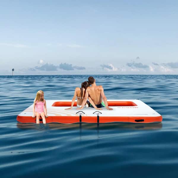 Inflatable Floating Dock 10 x 10 FT Inflatable Dock Platform with 4 x 7 FT Trampoline Mesh Pool  Floating Platform