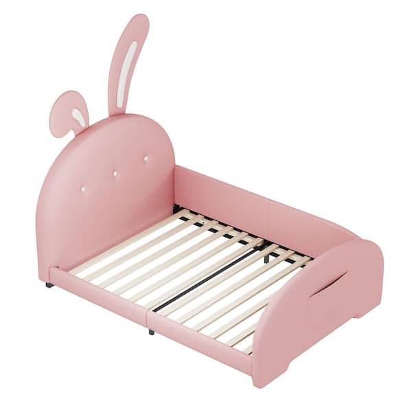 Pink Wood Frame Twin Size Upholstered Leather Platform Bed with Bunny Ears Headboard