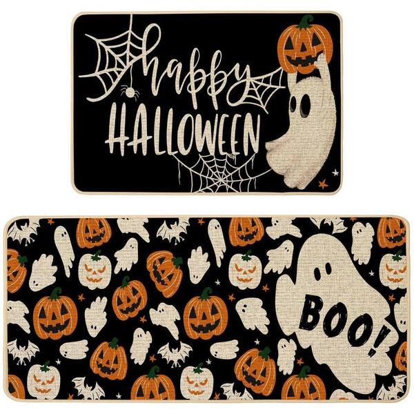 Spooky Ghost Halloween Burlap Kitchen Rug Set of 2 with Rubber Backing, 17 in. x 29 in. and 17 in. x 47 in.