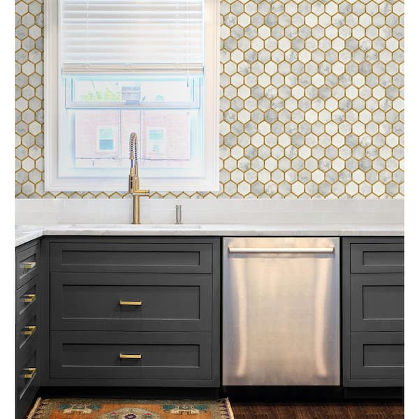 56 sq. ft. Alaska Grey & Metallic Gold Faux Hex Tile Pre-Pasted Paper Wallpaper Roll