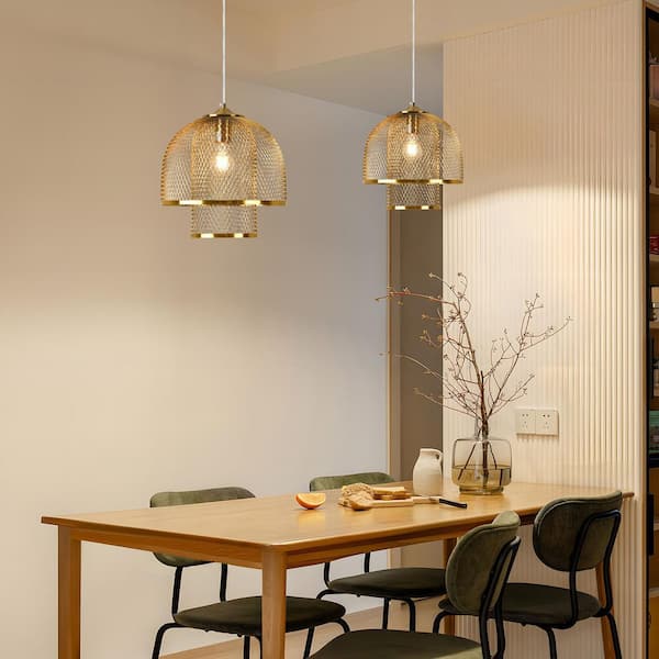 11.8 in. 1-Light Gold Dome Pendant Light with Double Metal Mesh Open Cage Shade, Bulbs Not Included