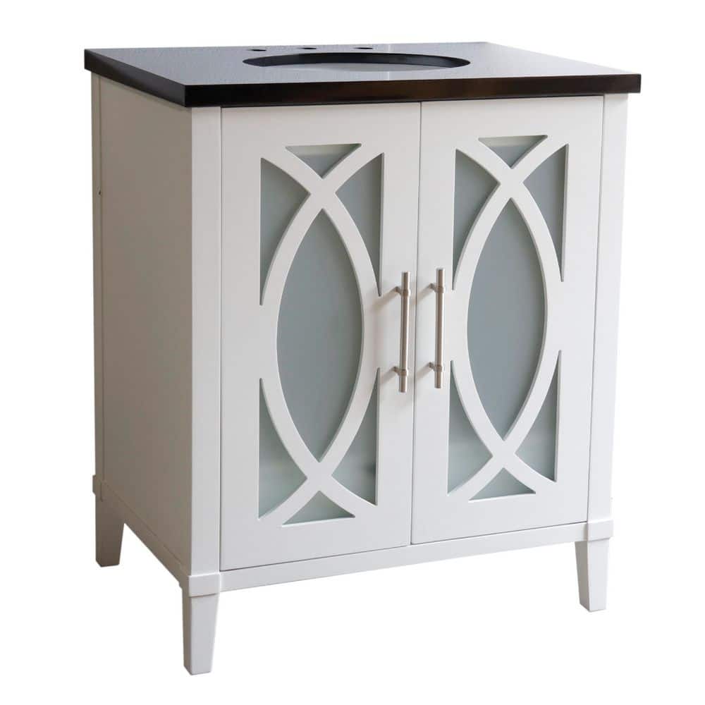 White Freestanding Single Vanity with Black Granite Top