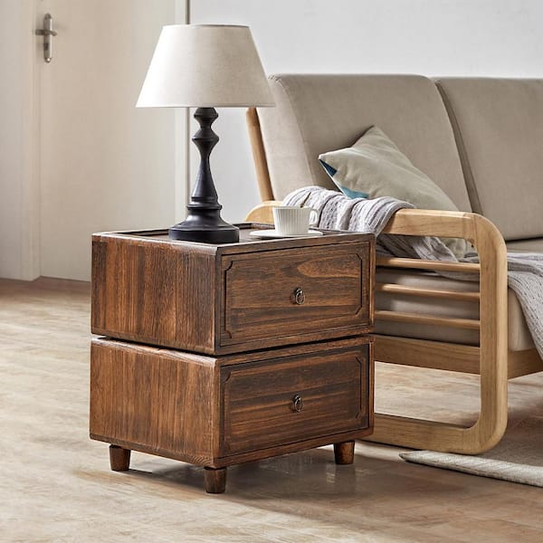 JAYDEN CREATION Geraint Walnut Transitional 2-Drawer Nightstand with Paulownia Wood Tracks